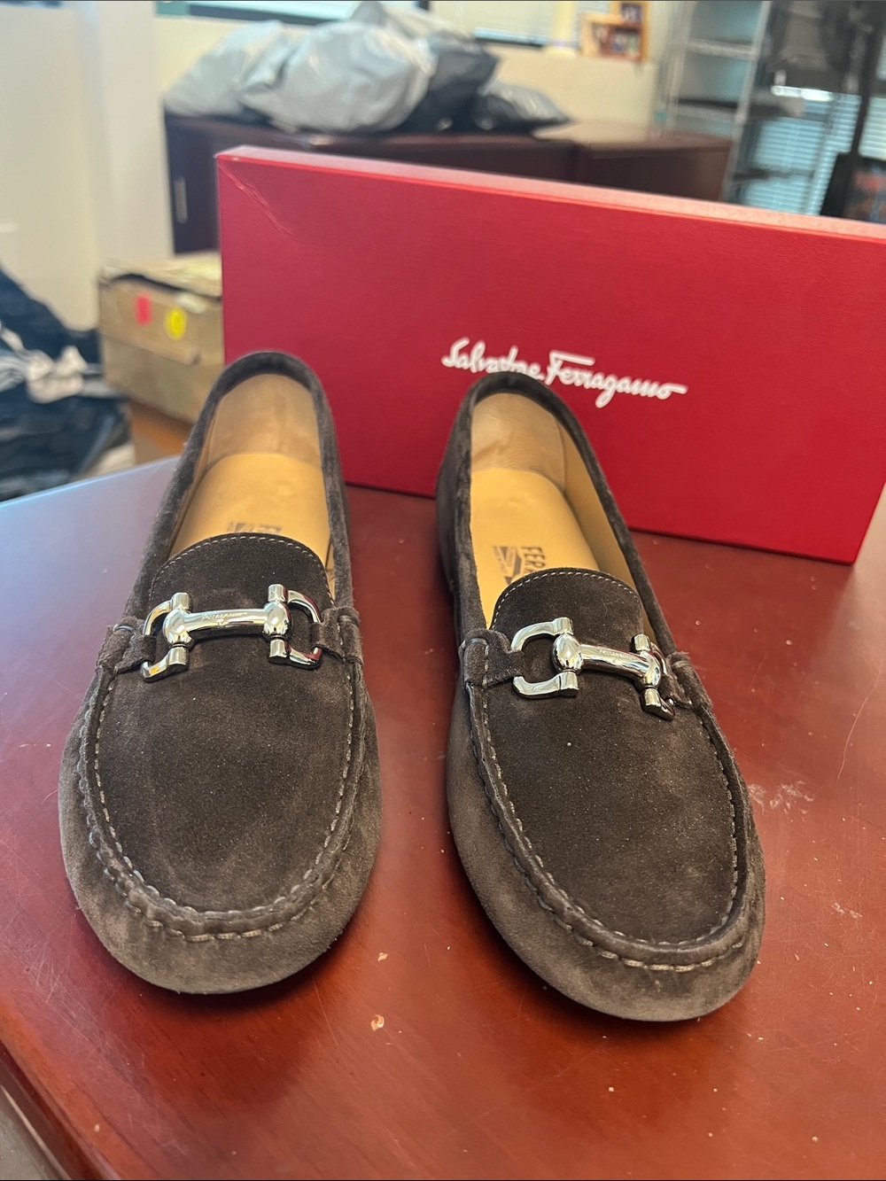 Salvatore Ferragamo Brown Suede Silver Bit Loafers